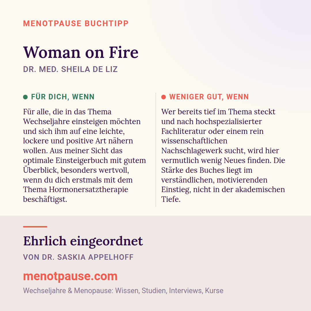 Grafik: Für wen sich „Woman on Fire“ von Dr. med. Sheila de Liz lohnt und für wen weniger, eingeordnet von Dr. Saskia Appelhoff, MeNotPause