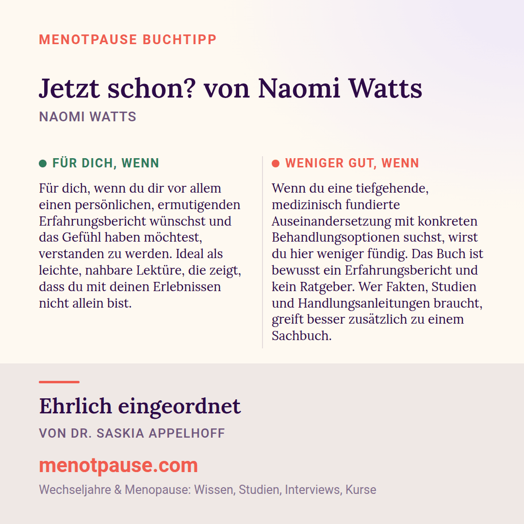 Grafik: Für wen sich „Jetzt schon? von Naomi Watts“ von Naomi Watts lohnt und für wen weniger, eingeordnet von Dr. Saskia Appelhoff, MeNotPause
