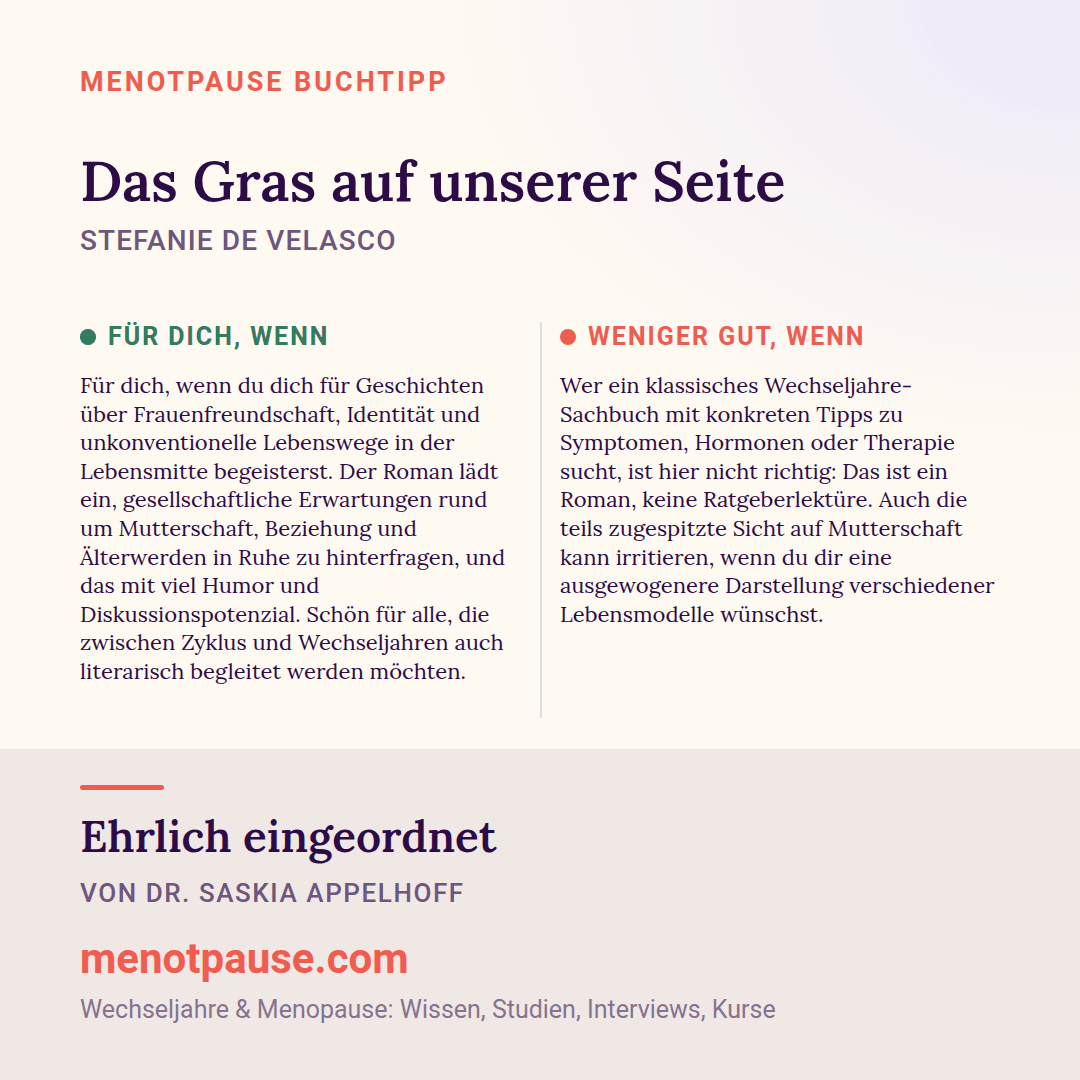 Grafik: Für wen sich „Das Gras auf unserer Seite“ von Stefanie de Velasco lohnt und für wen weniger, eingeordnet von Dr. Saskia Appelhoff, MeNotPause