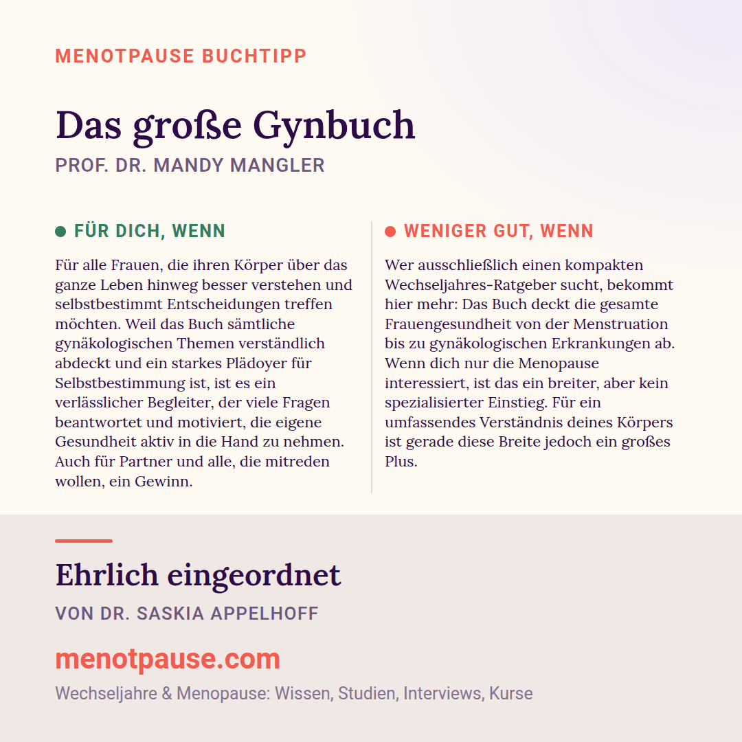Grafik: Für wen sich „Das große Gynbuch“ von Prof. Dr. Mandy Mangler lohnt und für wen weniger, eingeordnet von Dr. Saskia Appelhoff, MeNotPause