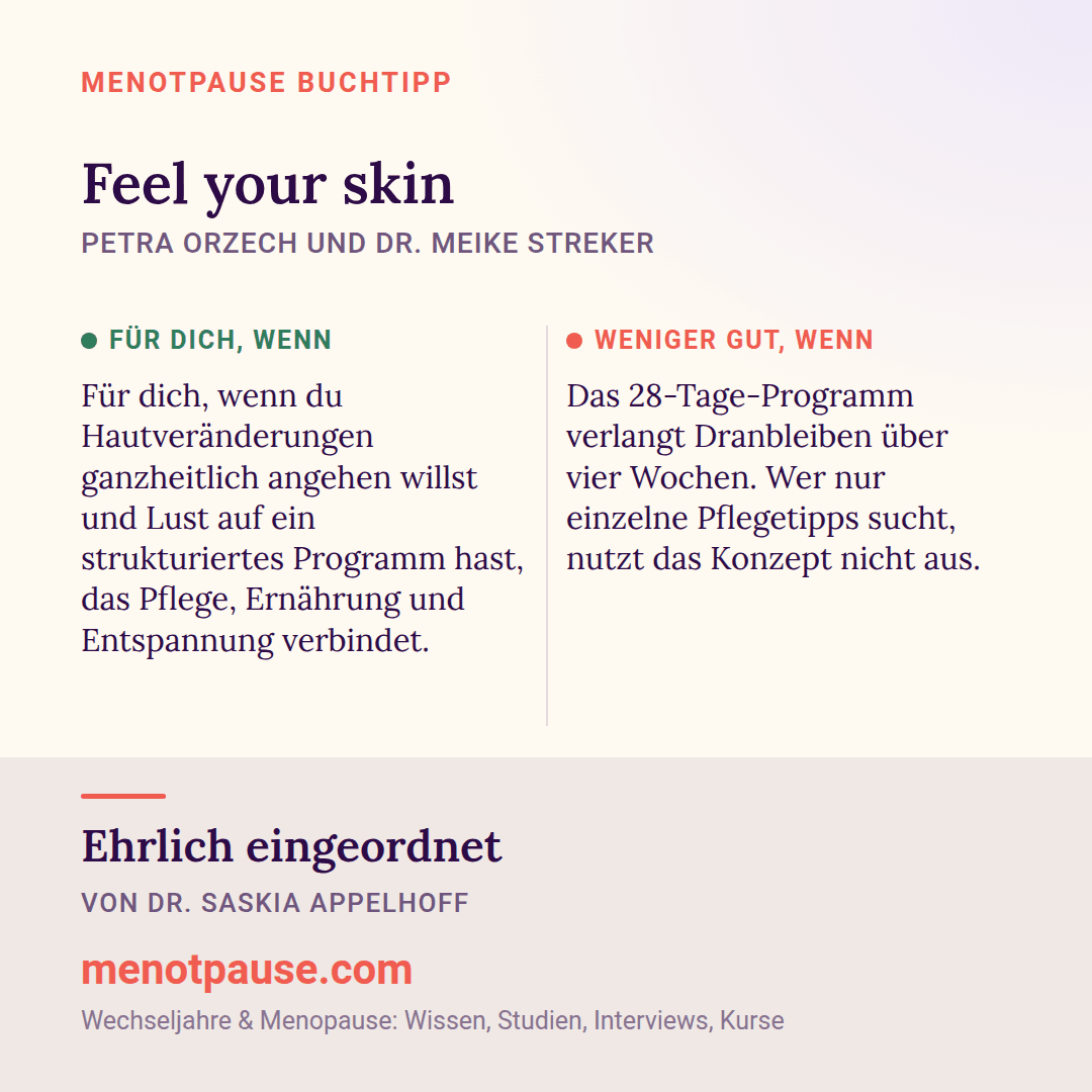 Grafik: Für wen sich „Feel your skin“ von Petra Orzech und Dr. Meike Streker lohnt und für wen weniger, eingeordnet von Dr. Saskia Appelhoff, MeNotPause