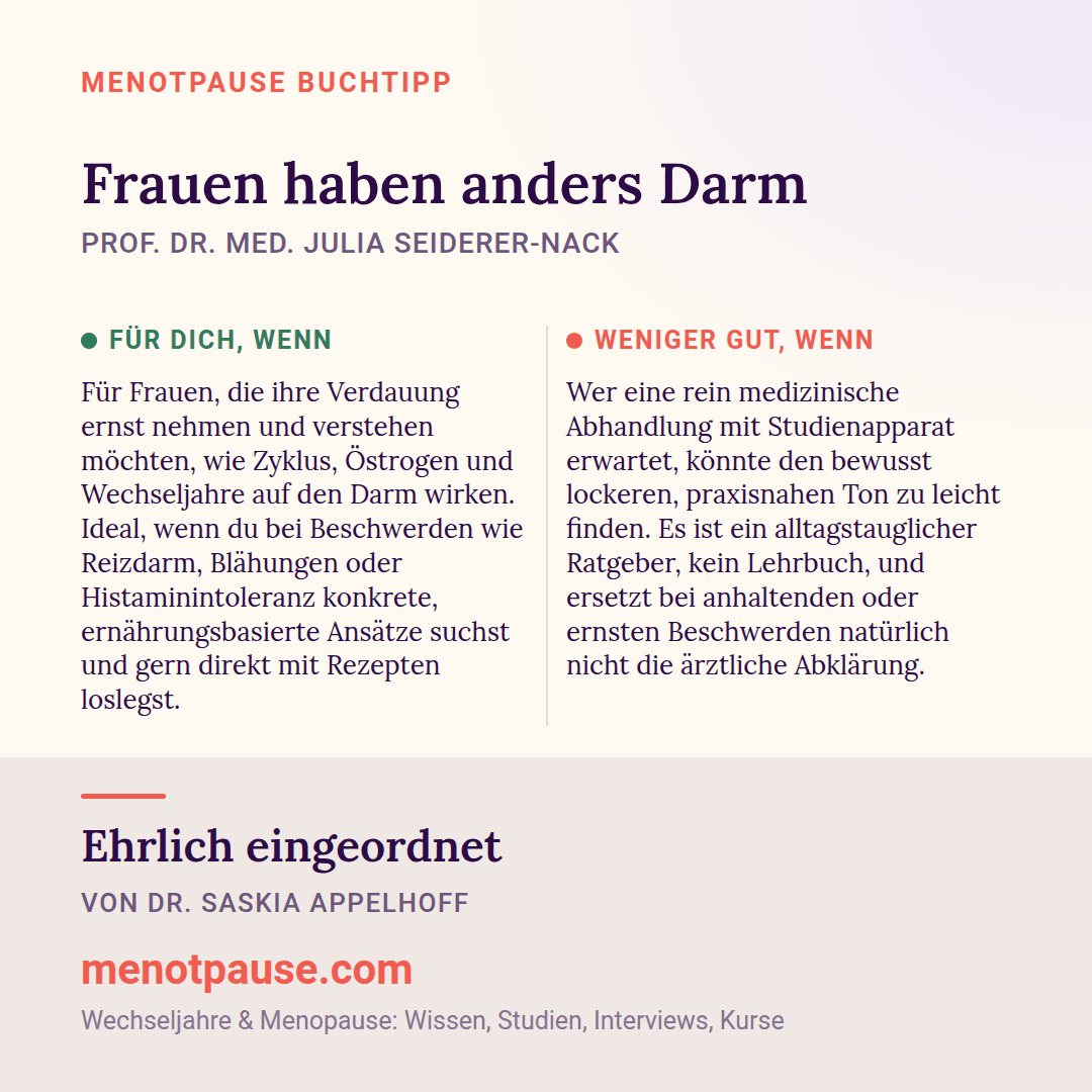 Grafik: Für wen sich „Frauen haben anders Darm“ von Prof. Dr. med. Julia Seiderer-Nack lohnt und für wen weniger, eingeordnet von Dr. Saskia Appelhoff, MeNotPause