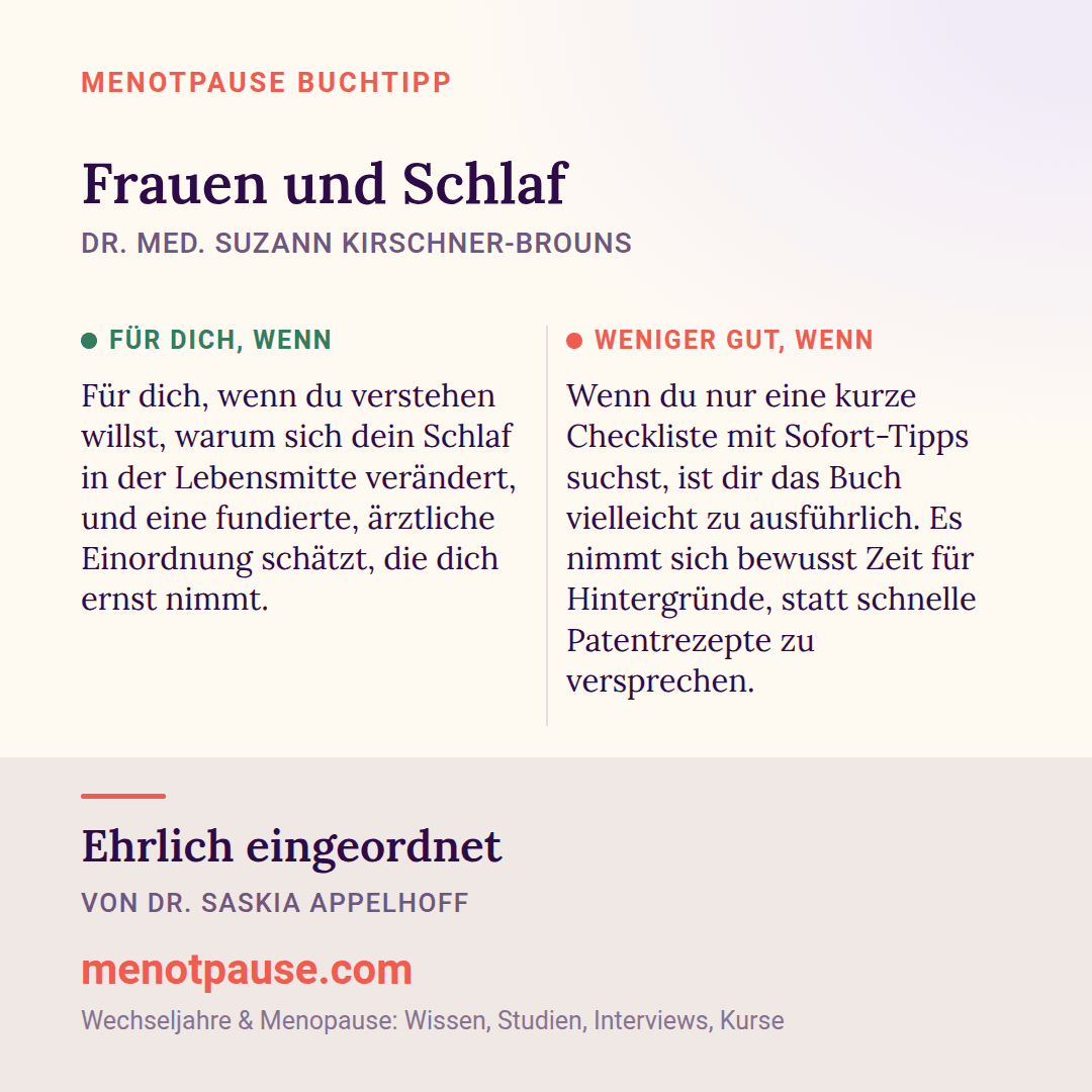 Grafik: Für wen sich „Frauen und Schlaf“ von Dr. med. Suzann Kirschner-Brouns lohnt und für wen weniger, eingeordnet von Dr. Saskia Appelhoff, MeNotPause