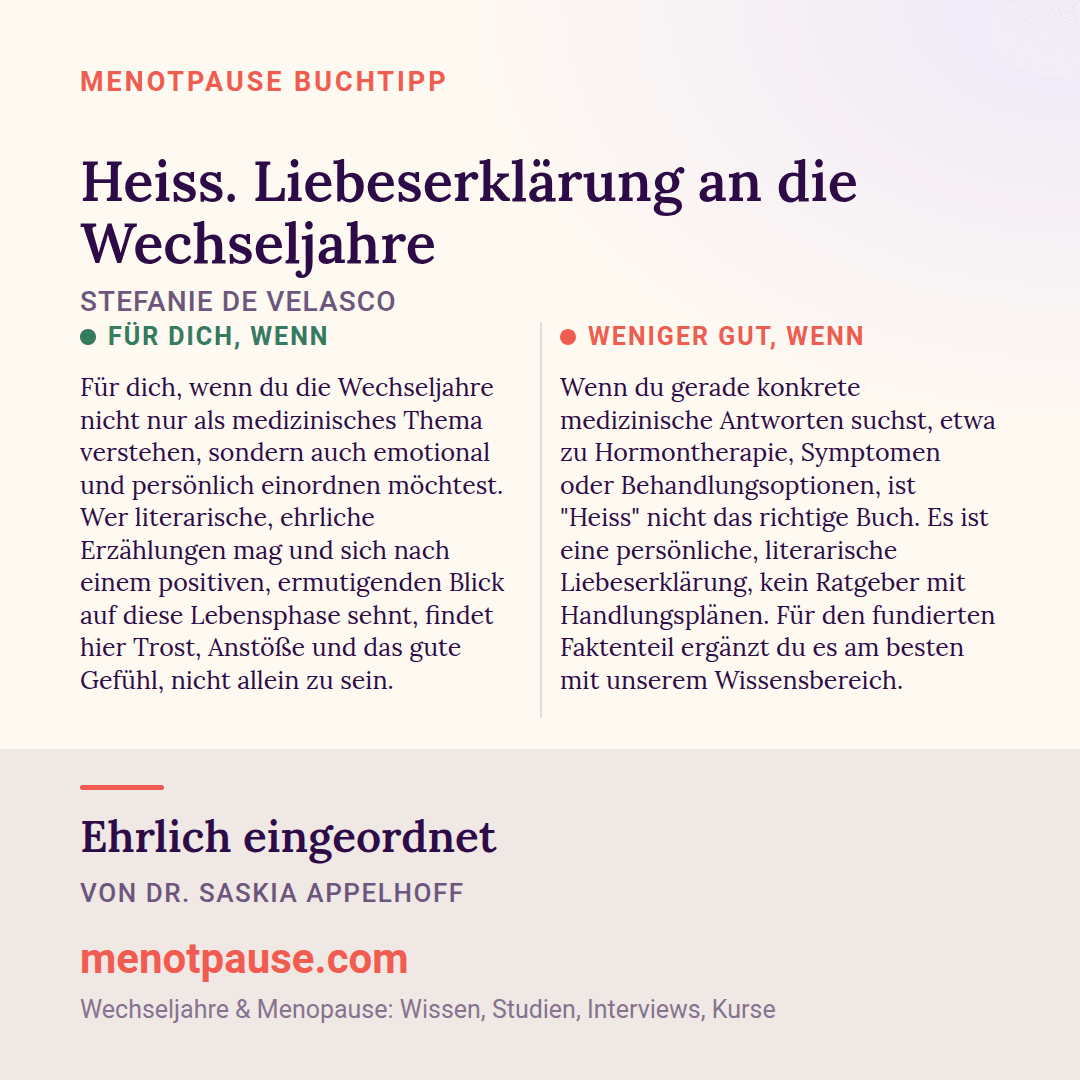 Grafik: Für wen sich „Heiss. Liebeserklärung an die Wechseljahre“ von Stefanie de Velasco lohnt und für wen weniger, eingeordnet von Dr. Saskia Appelhoff, MeNotPause