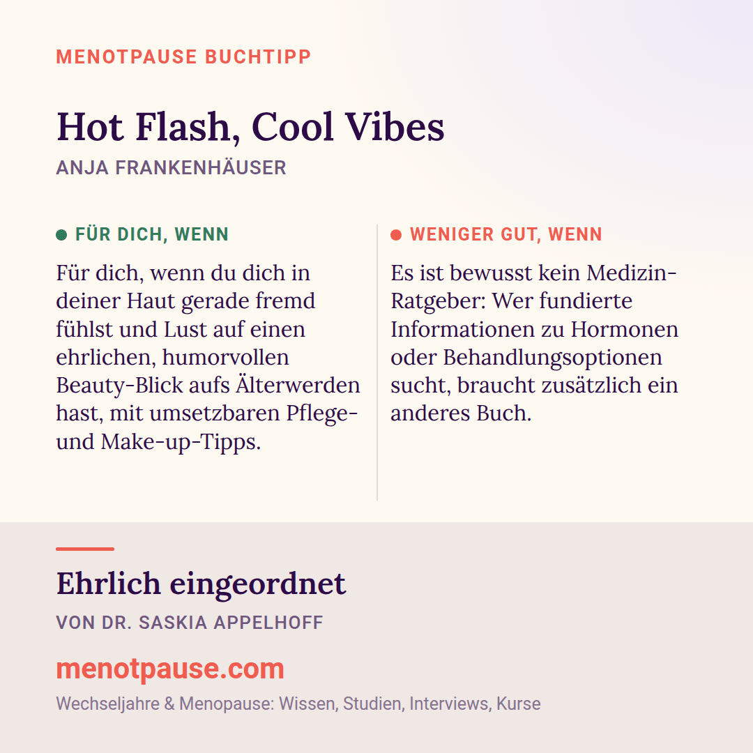 Grafik: Für wen sich „Hot Flash, Cool Vibes“ von Anja Frankenhäuser lohnt und für wen weniger, eingeordnet von Dr. Saskia Appelhoff, MeNotPause