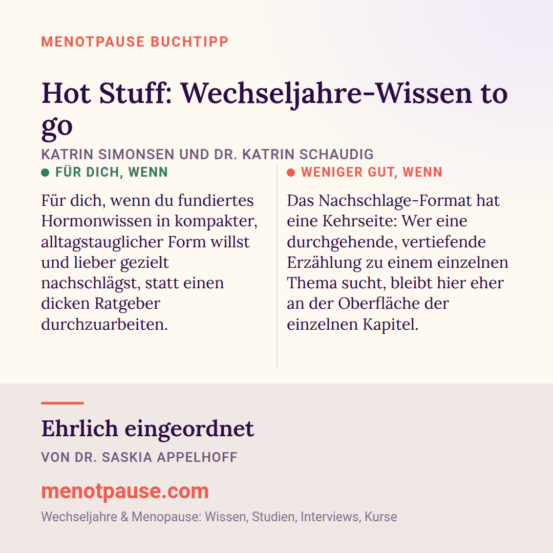 Grafik: Für wen sich „Hot Stuff: Wechseljahre-Wissen to go“ von Katrin Simonsen und Dr. Katrin Schaudig lohnt und für wen weniger, eingeordnet von Dr. Saskia Appelhoff, MeNotPause