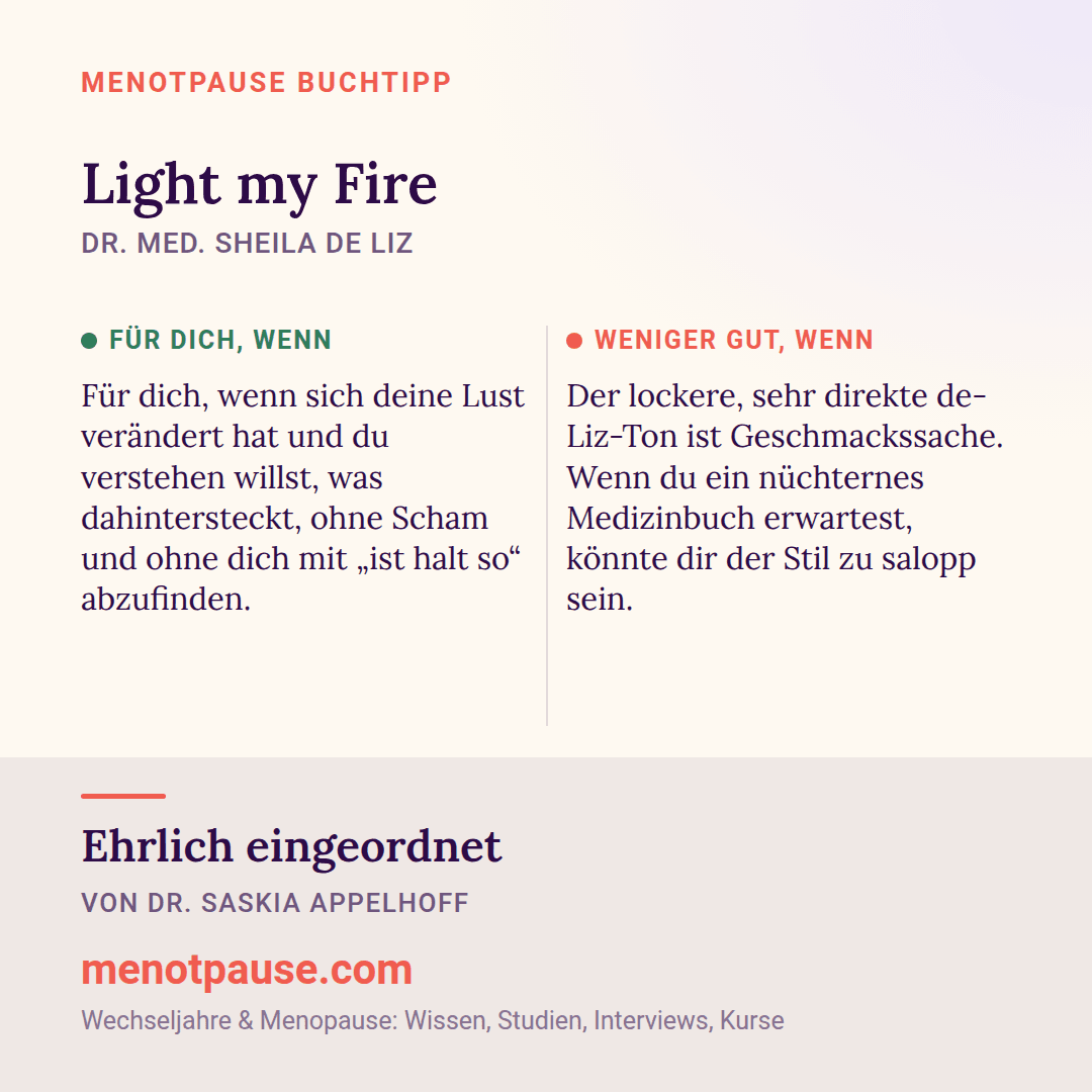 Grafik: Für wen sich „Light my Fire“ von Dr. med. Sheila de Liz lohnt und für wen weniger, eingeordnet von Dr. Saskia Appelhoff, MeNotPause