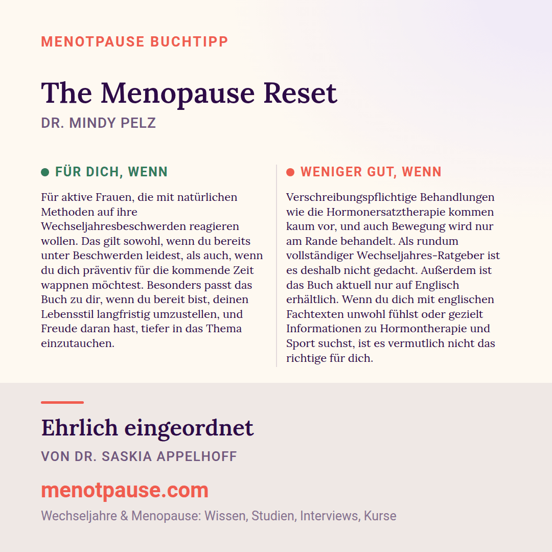 Grafik: Für wen sich „The Menopause Reset“ von Dr. Mindy Pelz lohnt und für wen weniger, eingeordnet von Dr. Saskia Appelhoff, MeNotPause