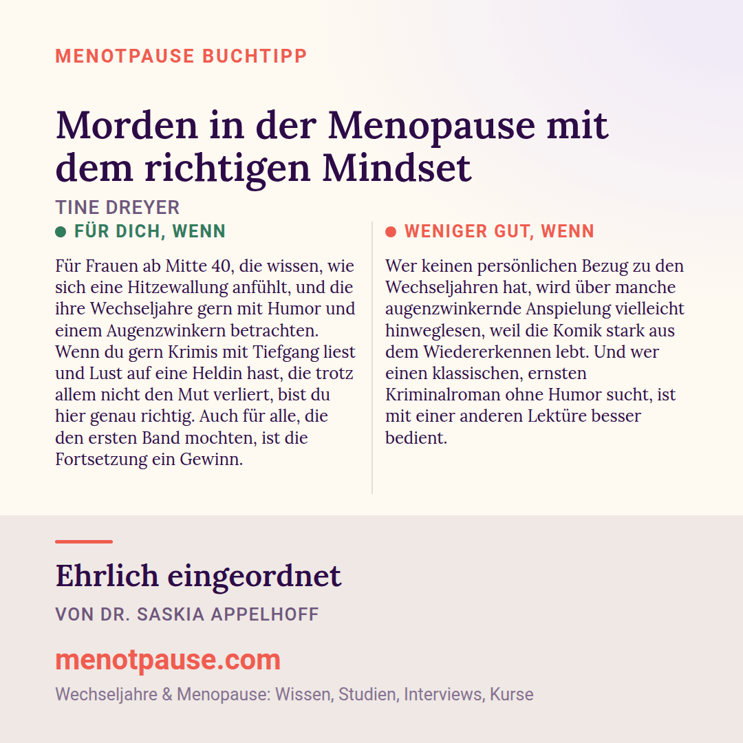 Grafik: Für wen sich „Morden in der Menopause mit dem richtigen Mindset“ von Tine Dreyer lohnt und für wen weniger, eingeordnet von Dr. Saskia Appelhoff, MeNotPause