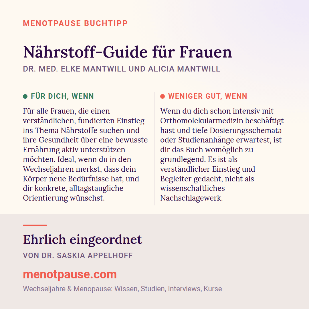 Grafik: Für wen sich „Nährstoff-Guide für Frauen“ von Dr. med. Elke Mantwill und Alicia Mantwill lohnt und für wen weniger, eingeordnet von Dr. Saskia Appelhoff, MeNotPause