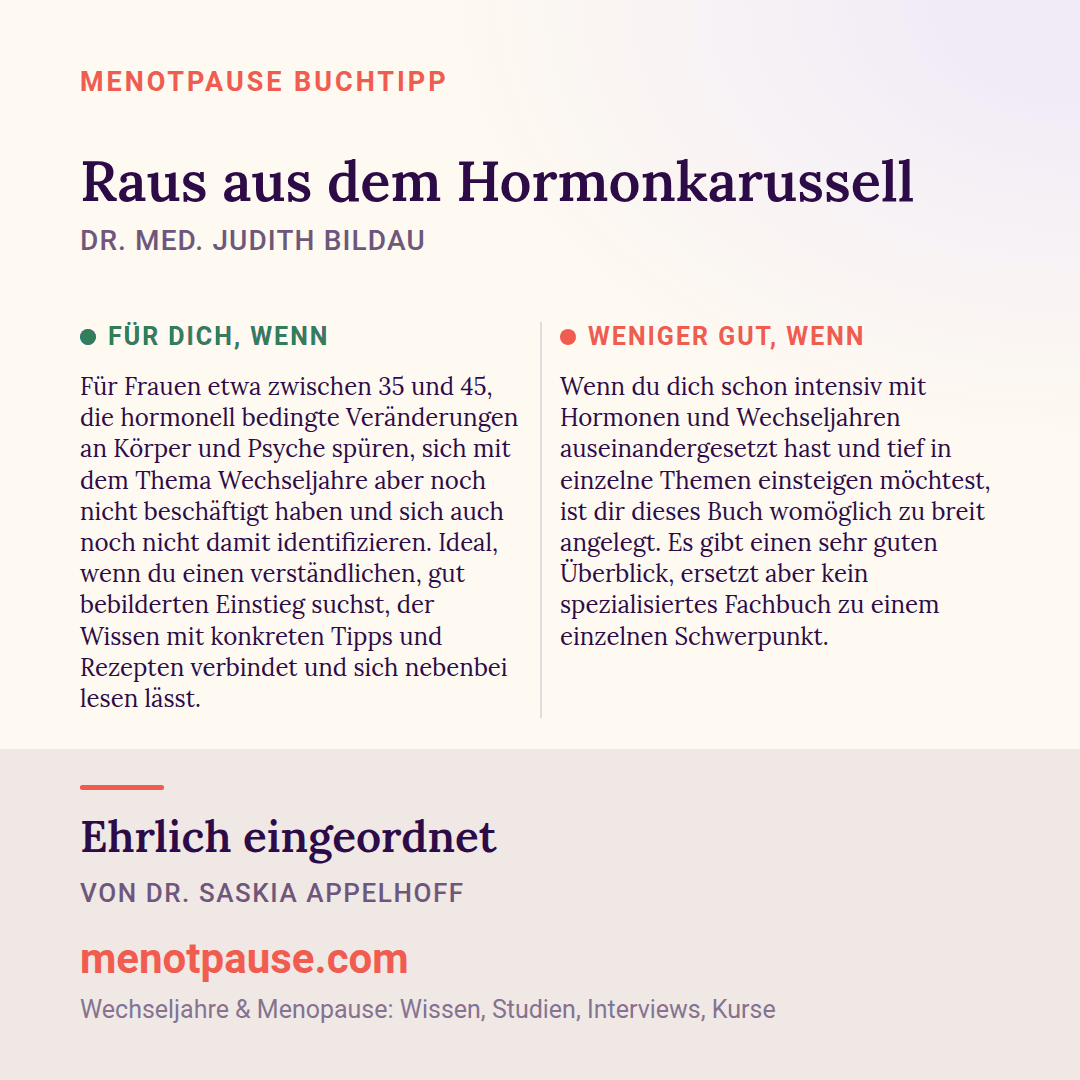 Grafik: Für wen sich „Raus aus dem Hormonkarussell“ von Dr. med. Judith Bildau lohnt und für wen weniger, eingeordnet von Dr. Saskia Appelhoff, MeNotPause