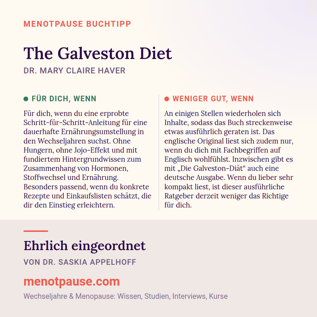 Grafik: Für wen sich „The Galveston Diet“ von Dr. Mary Claire Haver lohnt und für wen weniger, eingeordnet von Dr. Saskia Appelhoff, MeNotPause