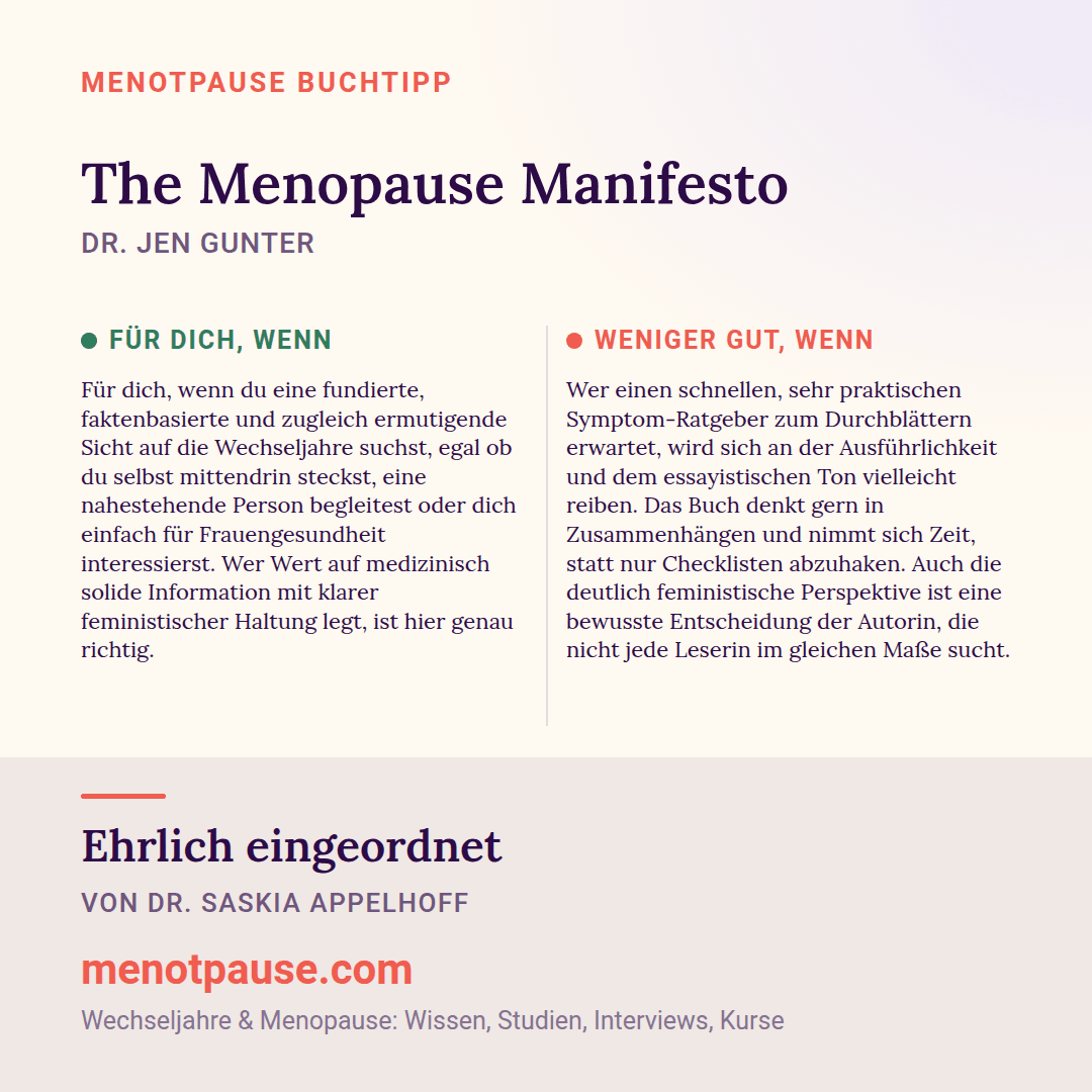 Grafik: Für wen sich „The Menopause Manifesto“ von Dr. Jen Gunter lohnt und für wen weniger, eingeordnet von Dr. Saskia Appelhoff, MeNotPause