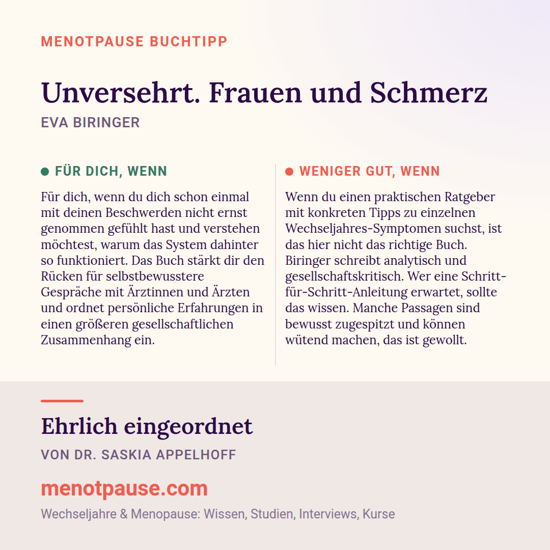 Grafik: Für wen sich „Unversehrt. Frauen und Schmerz“ von Eva Biringer lohnt und für wen weniger, eingeordnet von Dr. Saskia Appelhoff, MeNotPause