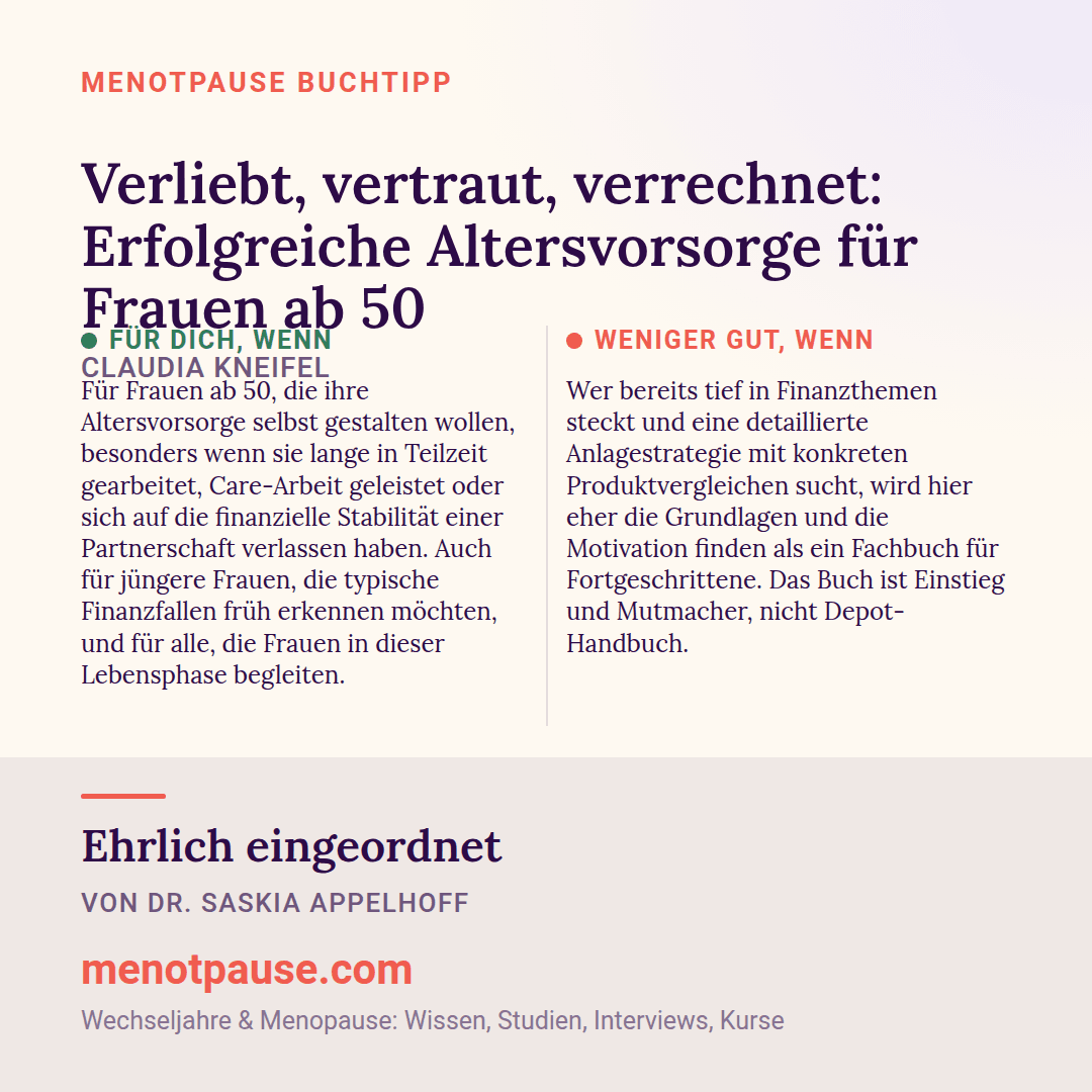 Grafik: Für wen sich „Verliebt, vertraut, verrechnet: Erfolgreiche Altersvorsorge für Frauen ab 50“ von Claudia Kneifel lohnt und für wen weniger, eingeordnet von Dr. Saskia Appelhoff, MeNotPause