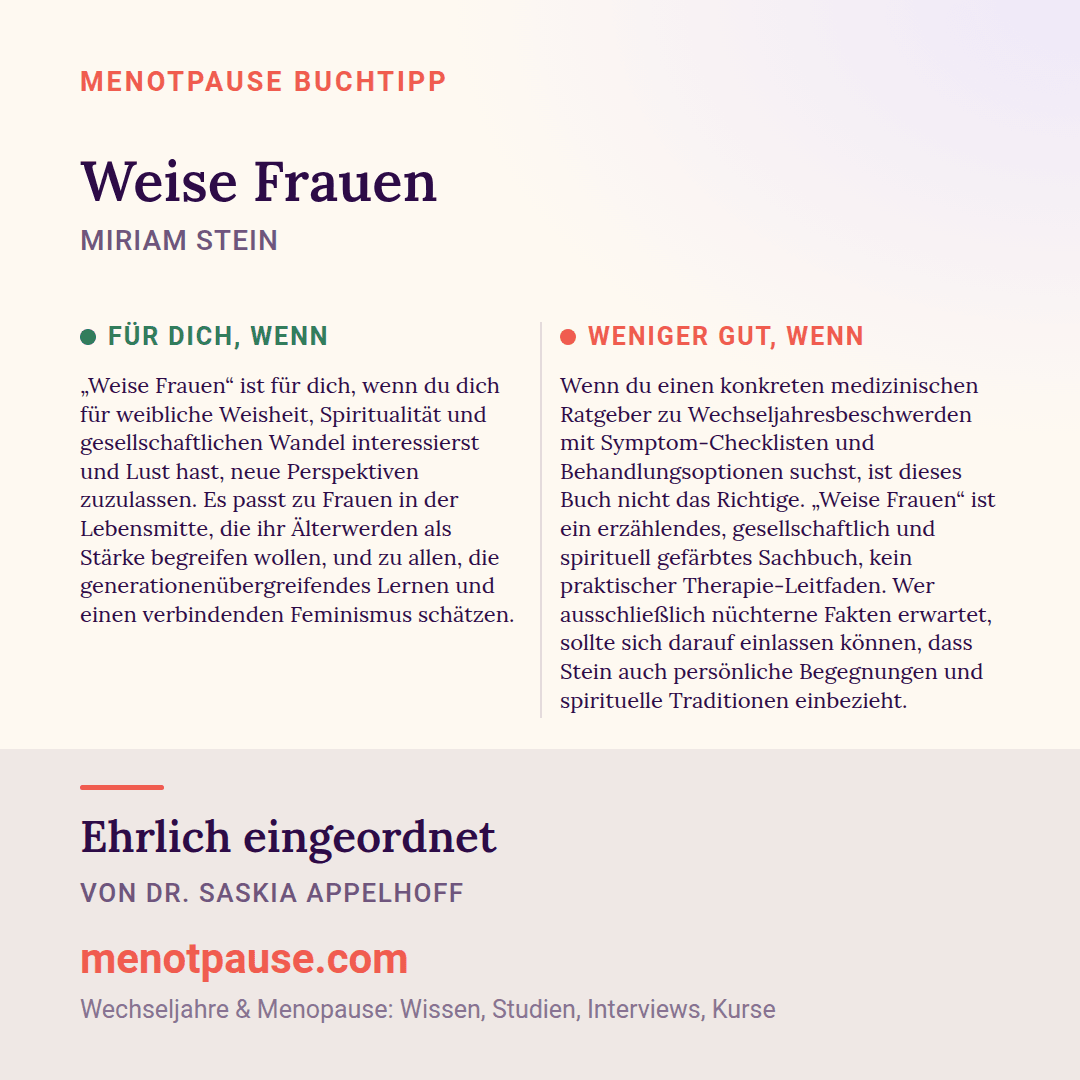 Grafik: Für wen sich „Weise Frauen“ von Miriam Stein lohnt und für wen weniger, eingeordnet von Dr. Saskia Appelhoff, MeNotPause