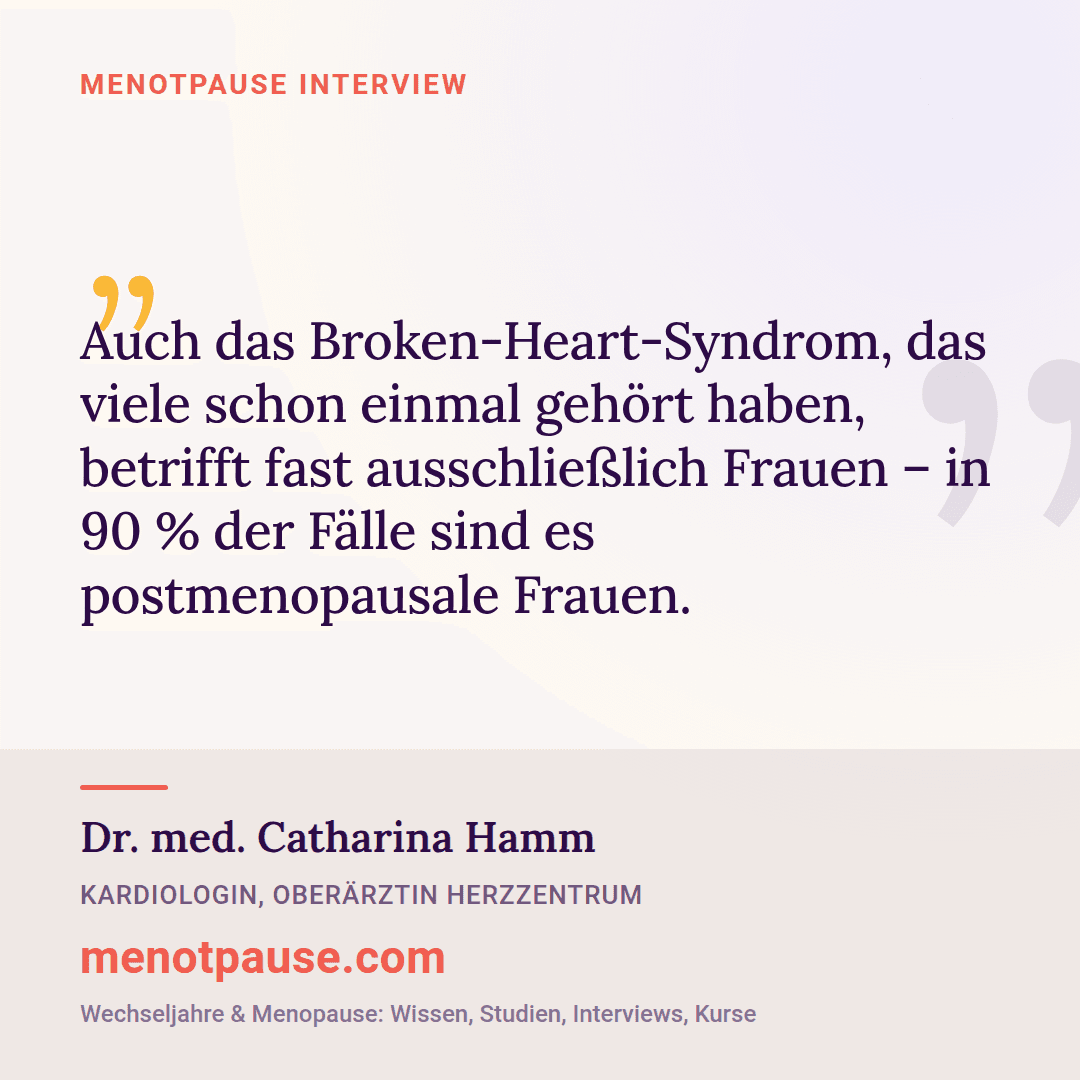 Zitat-Grafik: Dr. med. Catharina Hamm, Kardiologin, im MeNotPause-Interview darüber, dass 90 % der Broken-Heart-Syndrom-Fälle postmenopausale Frauen betreffen.