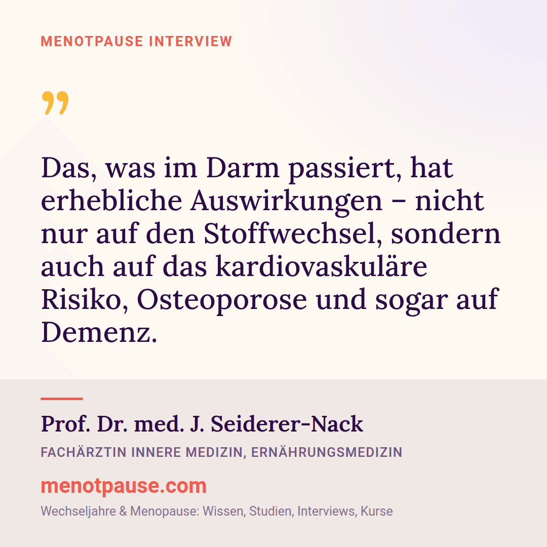 Zitat-Grafik: Prof. Dr. med. J. Seiderer-Nack im MeNotPause-Interview über den weitreichenden Einfluss der Darmgesundheit auf Stoffwechsel, Herz und Knochen.