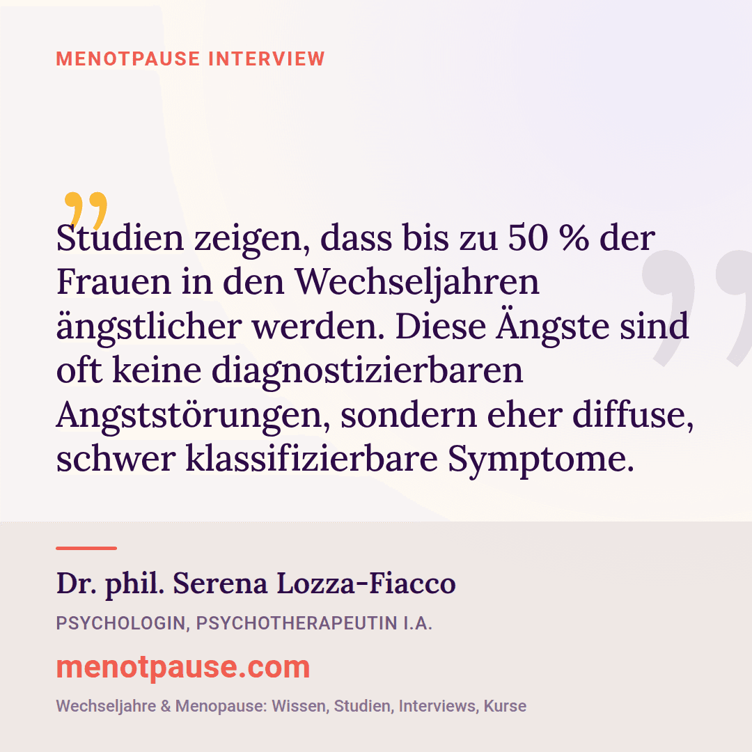 Zitat-Grafik: Dr. phil. Serena Lozza-Fiacco, Psychologin, im MeNotPause-Interview darüber, dass bis zu 50 % der Frauen in den Wechseljahren ängstlicher werden.