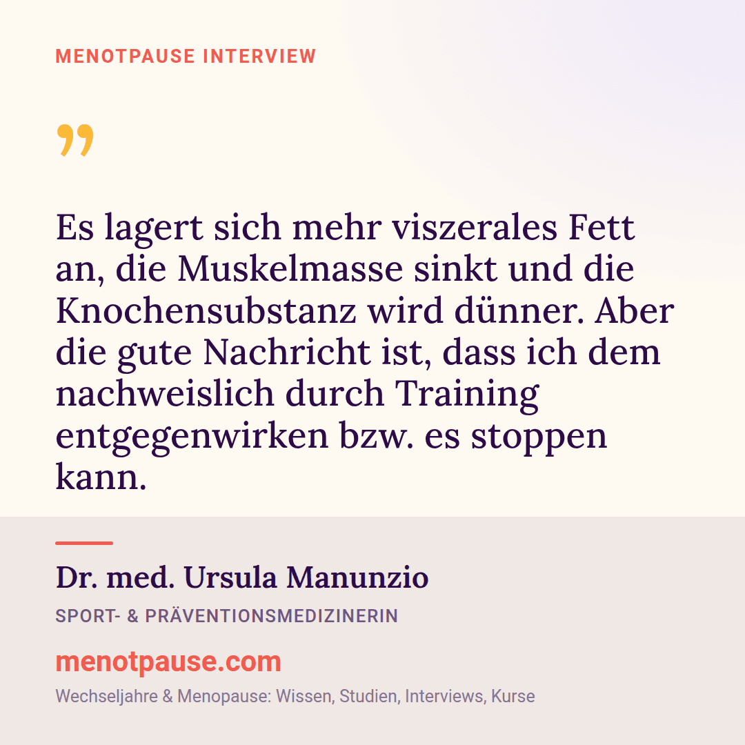 Zitat-Grafik: Dr. med. Ursula Manunzio, Sport- und Präventionsmedizinerin, im MeNotPause-Interview darüber, wie Training Muskel- und Knochenverlust entgegenwirkt.