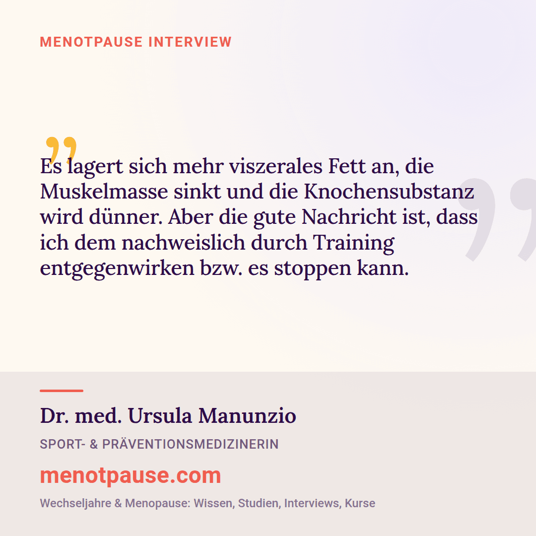 Zitat-Grafik: Dr. med. Ursula Manunzio, Sport- und Präventionsmedizinerin, im MeNotPause-Interview darüber, wie Training Muskel- und Knochenverlust entgegenwirkt.