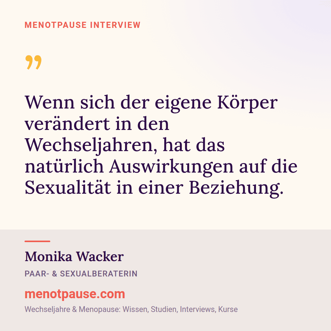 Zitat-Grafik: Monika Wacker, Paar- und Sexualberaterin, im MeNotPause-Interview über den Zusammenhang von körperlicher Veränderung und Sexualität in der Partnerschaft.
