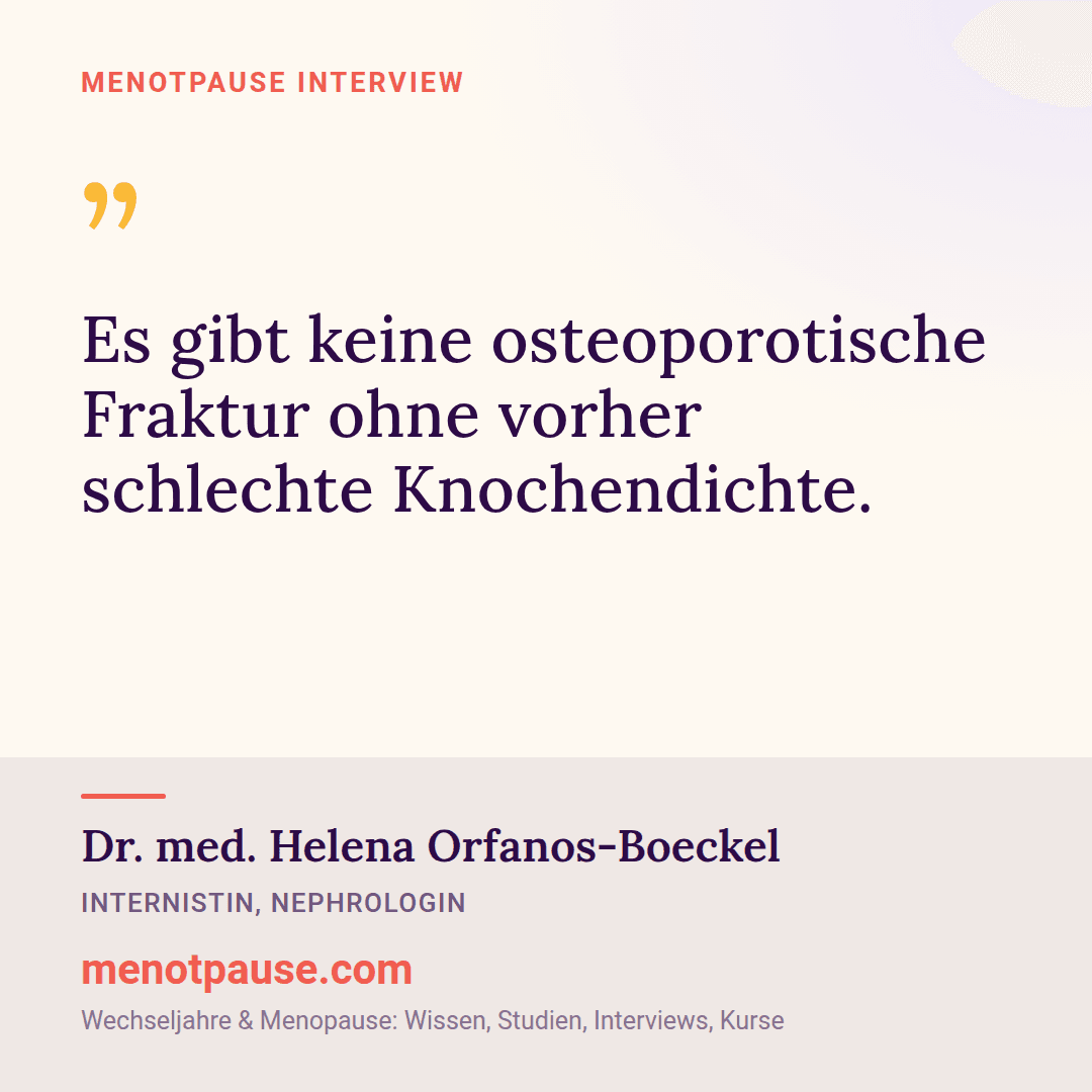 Zitat-Grafik: Dr. med. Helena Orfanos-Boeckel, Internistin, im MeNotPause-Interview darüber, dass jeder osteoporotischen Fraktur eine schlechte Knochendichte vorausgeht.
