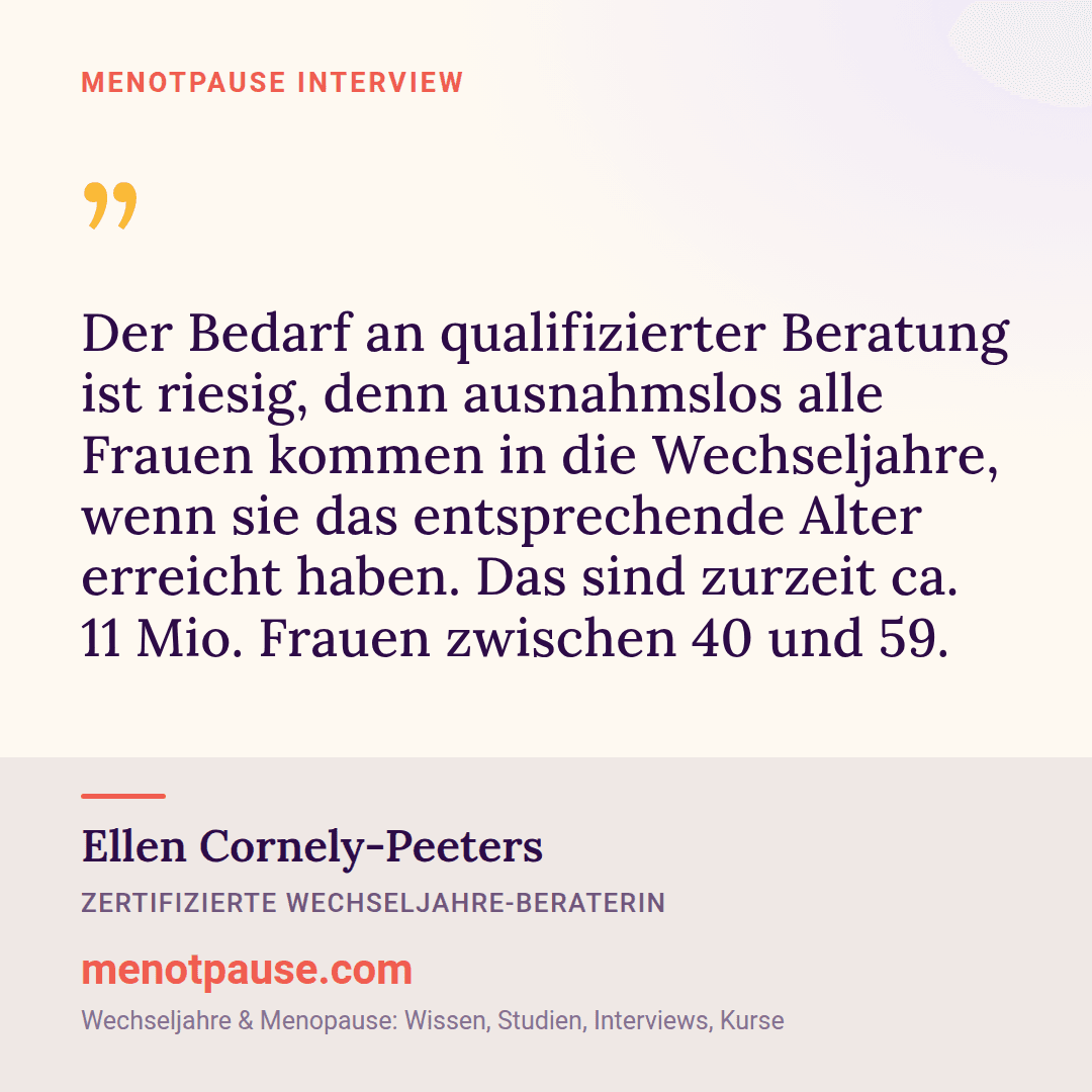 Zitat-Grafik: Ellen Cornely-Peeters, zertifizierte Wechseljahre-Beraterin, im MeNotPause-Interview über den riesigen Bedarf an qualifizierter Beratung für die ca. 11 Millionen Frauen zwischen 40 und 59