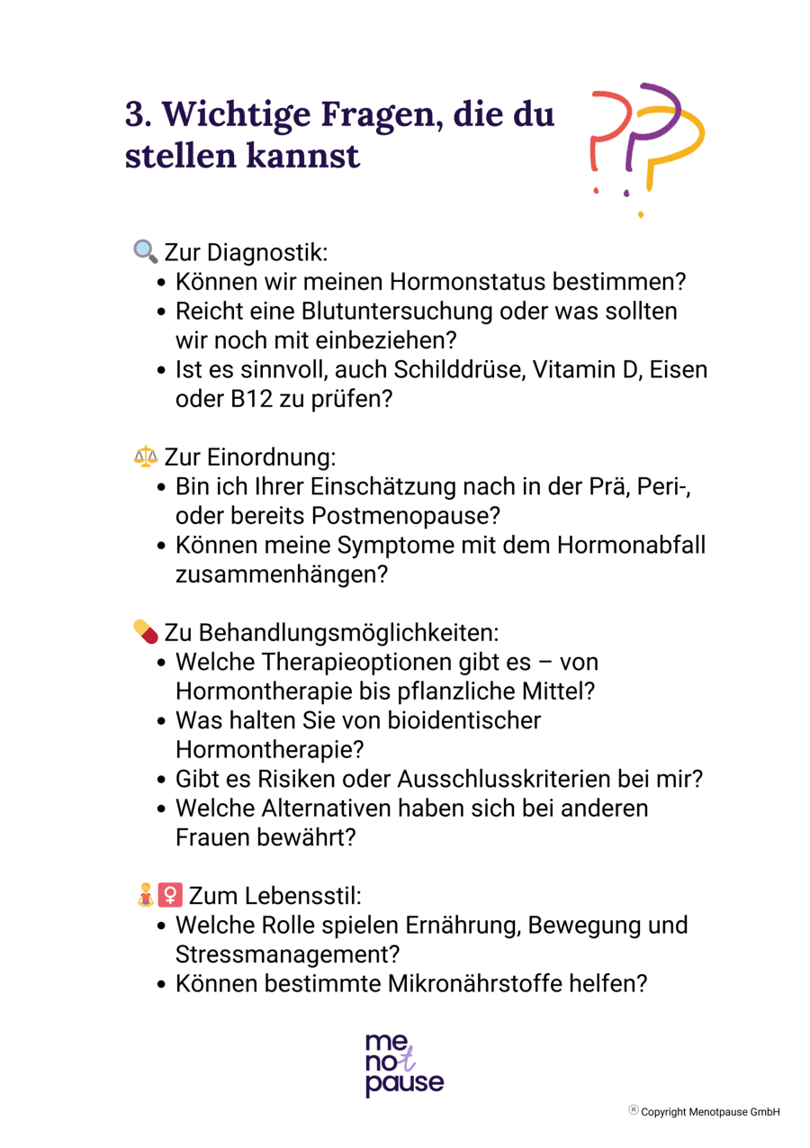 Innenseite des Leitfadens mit den Fragen zu Diagnostik, Einordnung, Behandlungsmöglichkeiten und Lebensstil