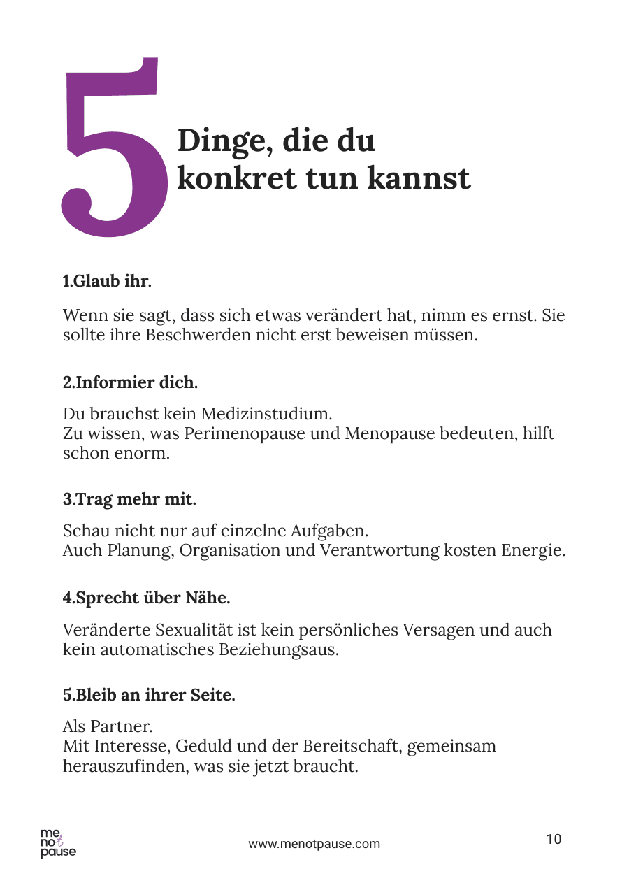 Innenseite des Partnerguides mit den fünf Dingen, die du konkret tun kannst