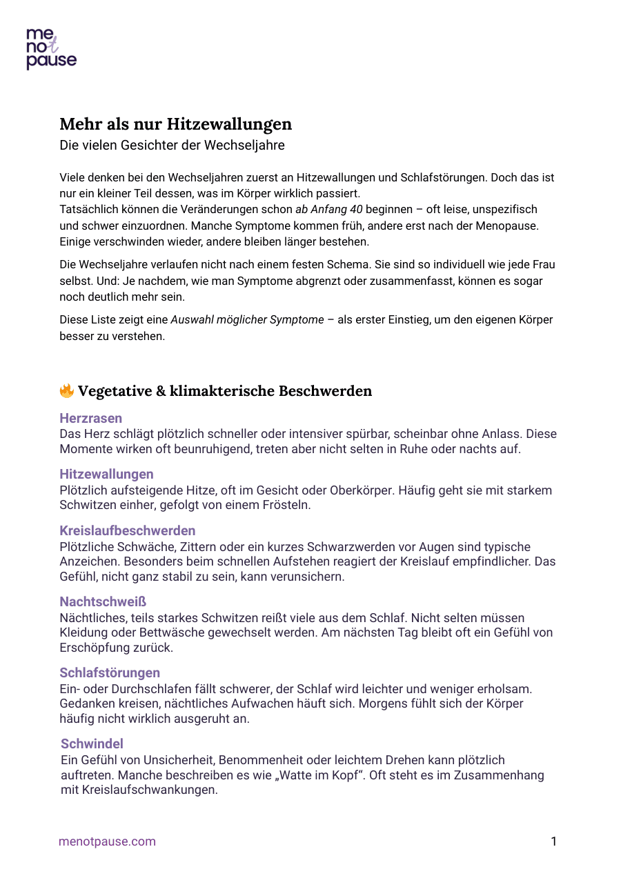 Titelseite der MeNotPause Symptomliste: Mehr als nur Hitzewallungen, die vielen Gesichter der Wechseljahre