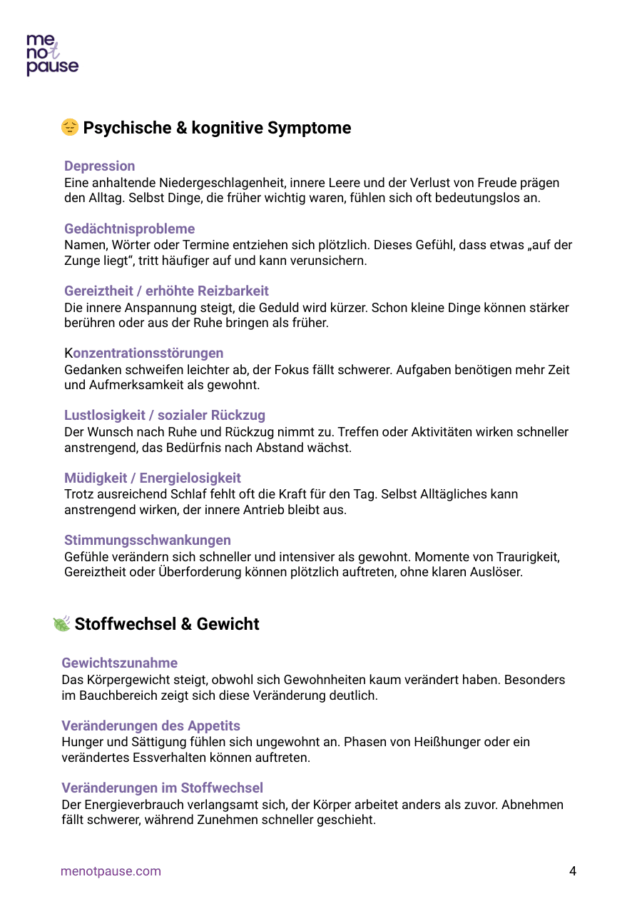 Innenseite der Symptomliste mit psychischen und kognitiven Symptomen der Wechseljahre
