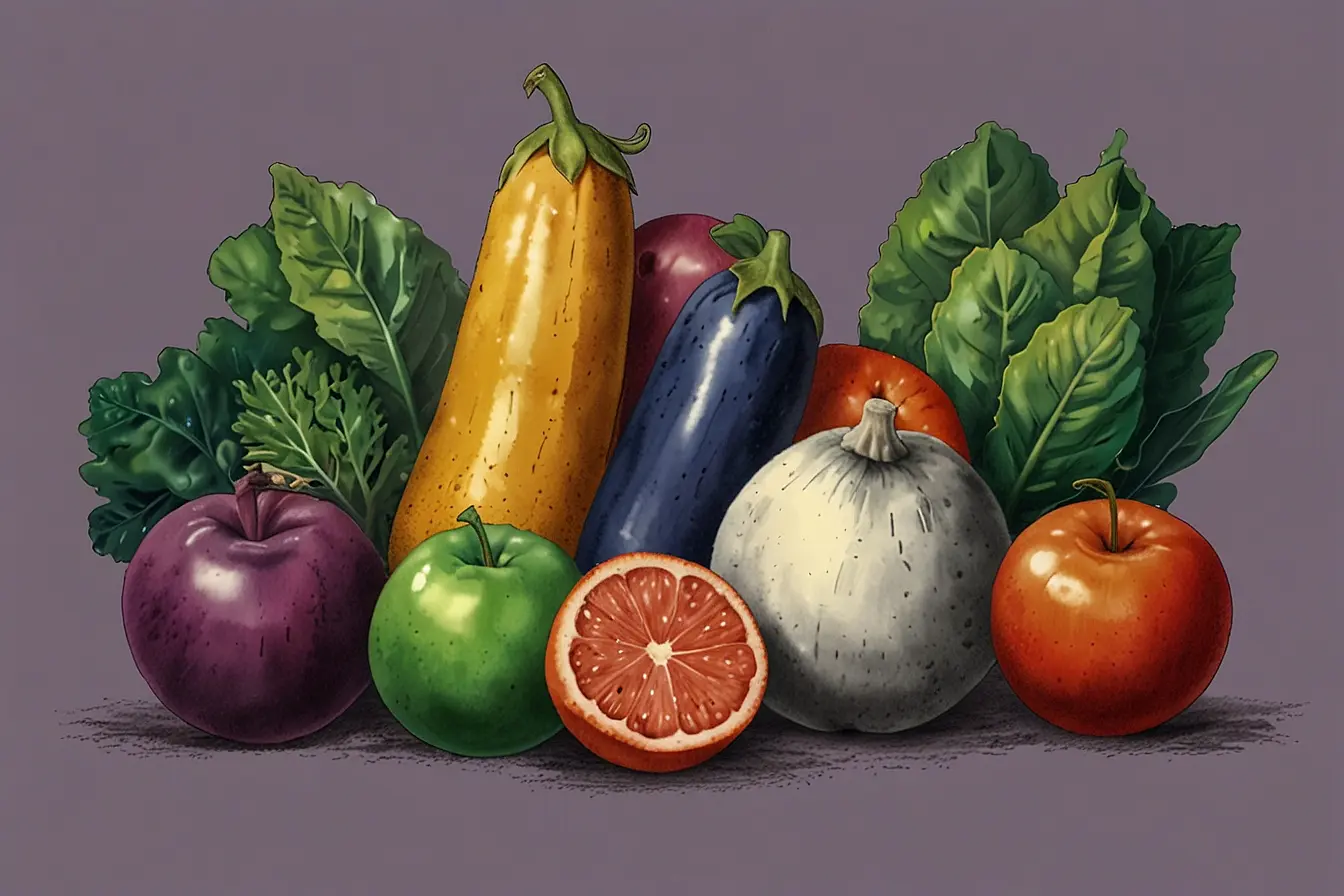 Illustration von Obst und Gemüse in allen Regenbogenfarben: Aubergine, Kürbis, Apfel, Blutorange, Tomate und Blattgemüse