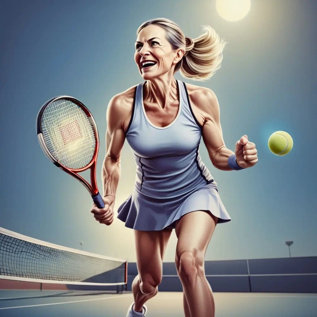 Frau um die 50 beim Tennisspielen, Ausdauersport in den Wechseljahren, MeNotPause