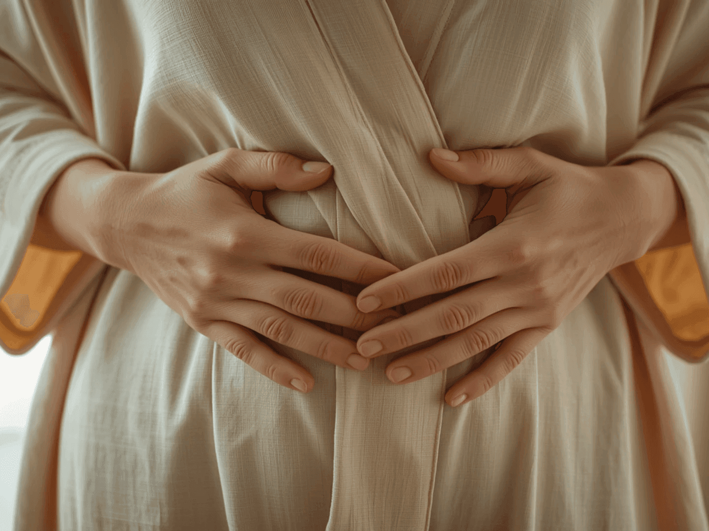 Frau legt sanft beide Hände auf ihren Bauch, Symbolbild für den Hormonbauch in den Wechseljahren