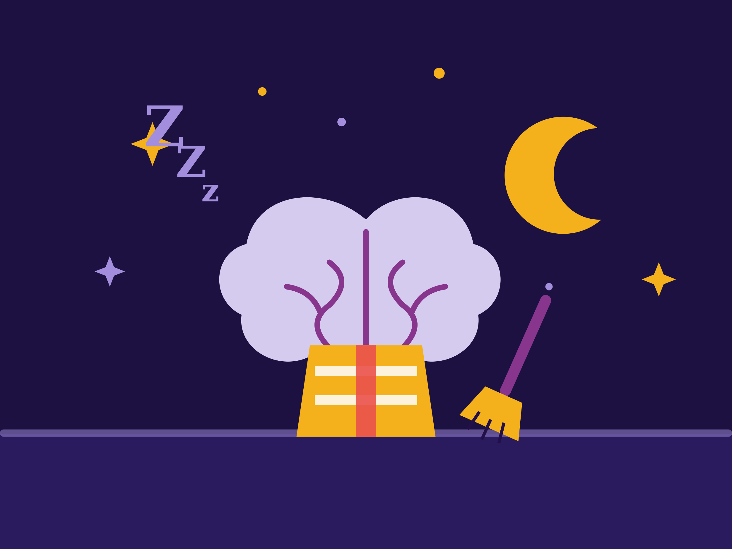 Illustration: Ein Gehirn mit Warnweste kehrt nachts unter Mond und Sternen