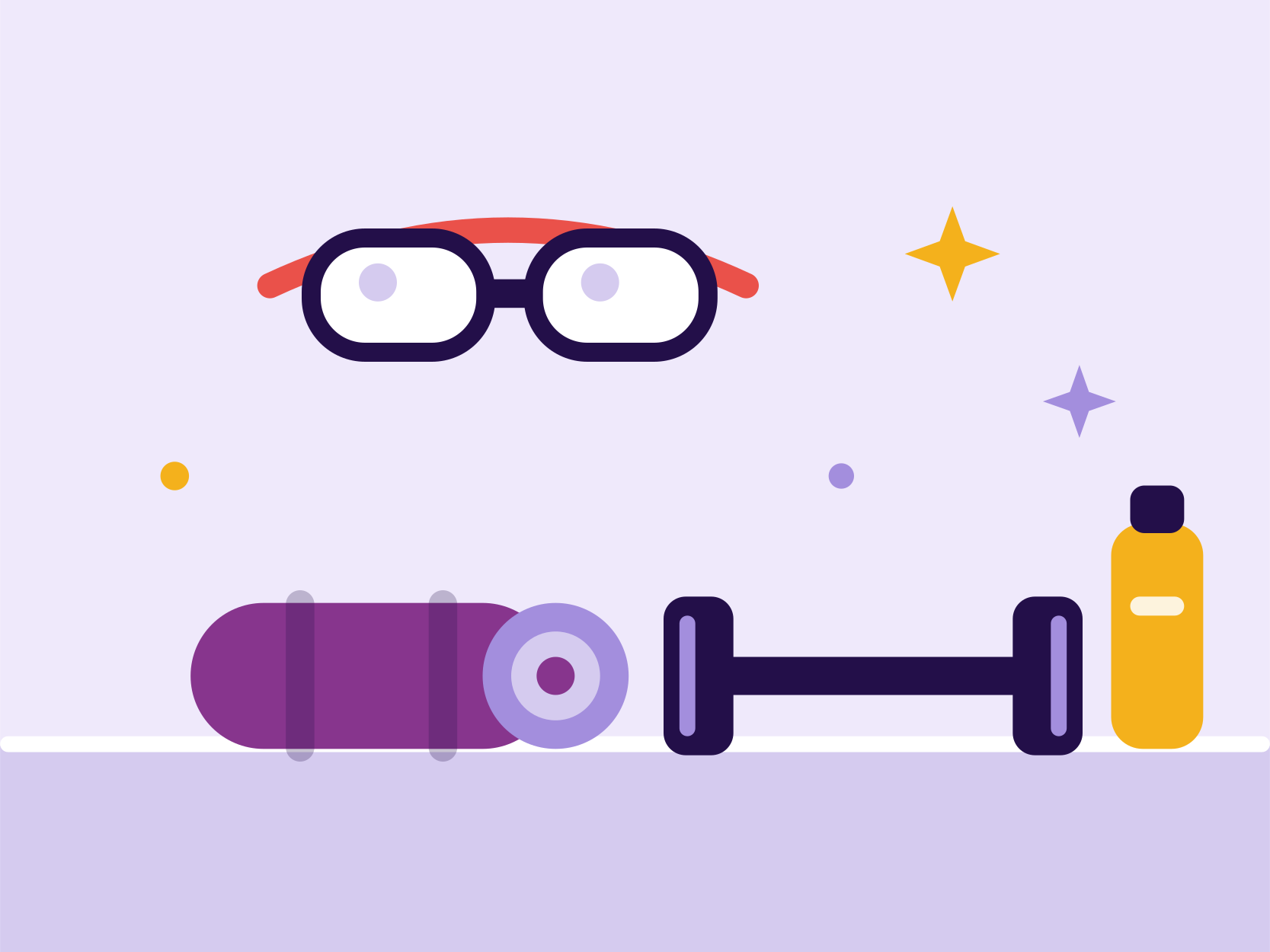 Illustration im MeNotPause-Stil: Yogamatte, Hanteln, Schwimmbrille und Trinkflasche