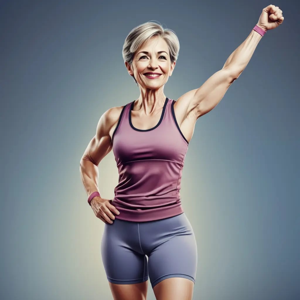 Sportliche Frau um die 50 mit erhobenem Arm, Sport in den Wechseljahren, MeNotPause